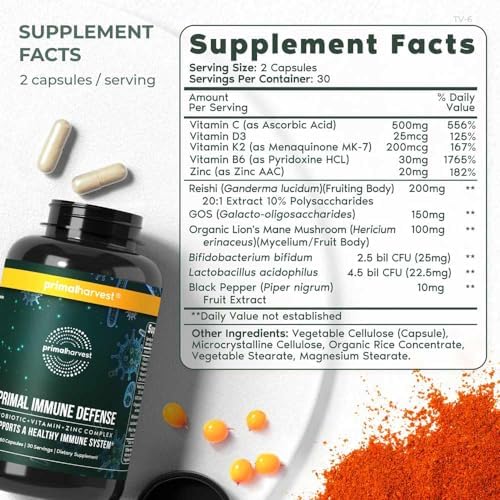 Primal Harvest Primal Immune Defense 10-in-1 Immune Defense Supplement: with 7 Billion CFU Probiotics, Zinc, Vitamins C, B6, D3, K2 - Immune Boosters for Adults 60 Capsules (1 Pack) Primal Harvest