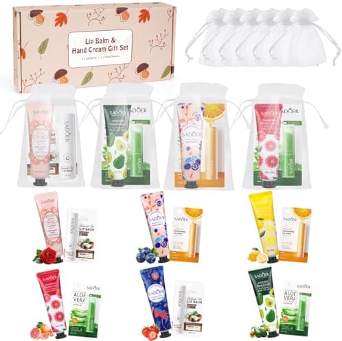 Lip Balm And Hand Cream Gift Set For Women,6 Natural Lip Balm Bulk + 6 Organza Bags + 6 Hand Lotion For Women, Christmas Gifts Stocking Stuffers Teacher Appreciation Gifts Thank You Gifts SUPERSUN