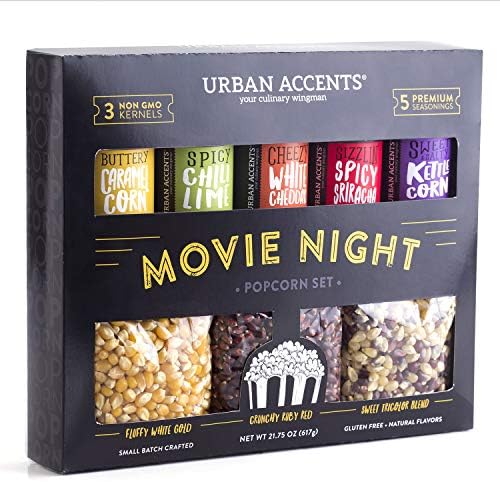 Urban Accents Movie Night Sweet Shoppe Gift Set Collection-Popcorn Seasoning Variety Pack (set of 8) - 3 Non-GMO Popcorn Kernel Packs and 5 Gourmet Popcorn Snack Seasonings Urban Accents