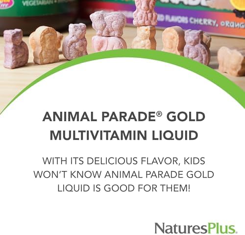 NaturesPlus Animal Parade Source of Life Gold Children's Liquid Multivitamin, 30 OZ - Natural Tropical Berry Flavor - Immune Support Supplement - Organic Whole Foods, Gluten-Free, Vegan - 60 Servings Natures Plus