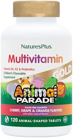 NaturesPlus Animal Parade Gold Children's Multivitamin - Assorted Cherry, Orange & Grape Flavors - 120 Animal-Shaped Chewable Tablets, Pack of 2 - Vegan, Gluten Free - 120 Total Servings Natures Plus