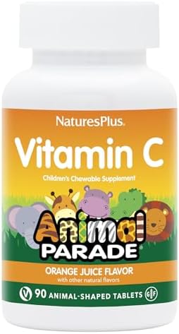 Natures Plus Animal Parade Vitamin C Children's Chewable - Natural Orange Juice Flavor - 90 Animal-Shaped Tablets - Vegan, Vegetarian, Gluten Free - 45 Servings Natures Plus