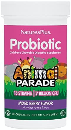 NaturesPlus Animal Parade Probiotic, Mixed Berry - 30 Chewables - Children’s Digestion Supplement - Supports Gut Health & Immune Function - Vegan, Gluten Free - 30 Servings Natures Plus