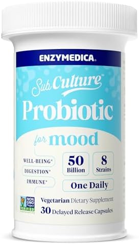 Enzymedica SubCulture Probiotics for Mood, Stress, & Sleep, 50 Billion CFU, Promotes Relaxation, Immune + Digestive Health & Regularity, 30 Count Enzymedica