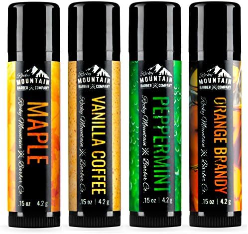 Lip Balm Set - 4 Scents - Maple, Vanilla Coffee, Peppermint, & Orange Brandy - No Shine Matte Finish - Featuring Coconut Oil, Avocado Oil, Bees Wax, & Shea Butter by Rocky Mountain Barber Company Rocky Mountain Barber Company