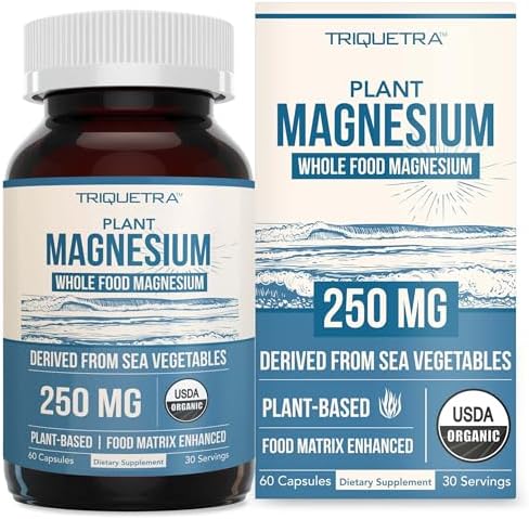 Organic Magnesium | Whole Food Magnesium - Plant-Based, Organic Sea Vegetable Complex - 250 mg Magnesium Per Serving | Water Extracted | Gentle on Stomach | Energy, Sleep, Muscle, Heart - 60 Capsules Triquetra Health