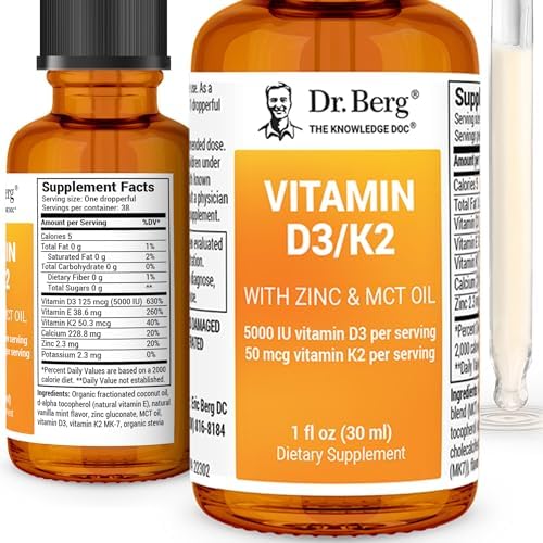 Dr. Berg Liquid Vitamin D3 & K2 Supplement with Zinc - for Bone, Teeth, Mood & Immune Health* - Vitamin D3 & K2 Drops for Adults - 1 fl oz Dr. Berg Nutritionals