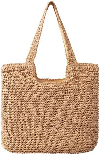 Pleneal Straw Beach Bags for Women - Women Beach Handmade Woven Tote Bag, Summer Mesh Hollow Shoulder Bag for Holiday Pleneal