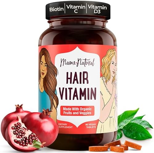 Mama Natural Hair Growth Vitamins - Made with Organic Fruit & Veg (30 Serves) - Ultra Clean, Vegan & Non-GMO Postpartum Hair Loss Vitamin - Natural Hair Growth Vitamins for Women Packaged in Glass Mama Natural