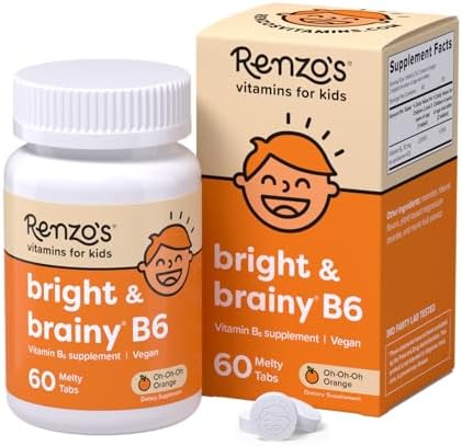 Renzo's Bright & Brainy Vitamin B6 - Dissolving Kids Vitamin B6-60 Sugar-Free Melty Tabs, Oh Oh Oh Orange Flavored Renzo's