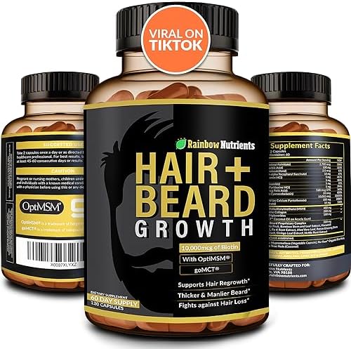 Hair + Beard Growth Vitamins for Men | Biotin 10,000mcg, Collagen, Patented OptiMSM®, goMCT®, Saw Palmetto | 60 Day Supply | Naturally Regrow Stronger, Thicker, Healthier Hair & Stops Hair Los Rainbow Nutrients, LLC