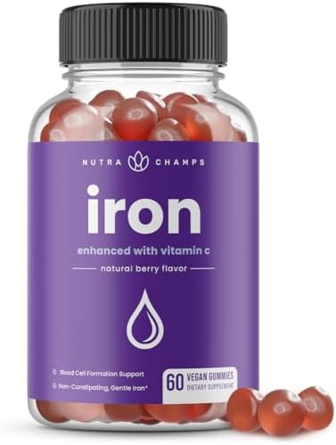 NutraChamps Iron Gummies with Vitamin C, 20mg Iron Gummies for All, Blood Cell Formation Support, 60 Gummies, Vegan Iron Gummy for Iron Deficiency & Anemia, Energy, Focus, Immune Boost NutraChamps