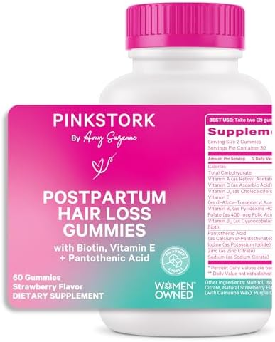 Pink Stork Postpartum Hair Loss Gummies - Biotin with Vitamin E, Pantothenic Acid, B6 & B12 for Beautiful & Strong Hair, Skin, and Nails - Postpartum Essentials for New Moms - 60 Gummy Vitamins Pink Stork