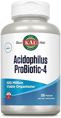 KAL Acidophilus ProBiotic-4, 500 Million CFUs, Four Probiotic Strains, Probiotics for Women and Men, Freeze Dried, L. acidophilus, L. bulgaricus, S. thermophilus, B. bifidum, 100 Servings, 100 VegCaps Kal