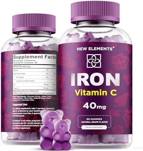 Iron Supplement for Women & Men with Vitamin C, Iron Gummies for Adults 40mg Iron and 100mg Vitamin C, Free Blood Builder for Anemia, Natural Grape Flavor, 30 Day Supply New Elements