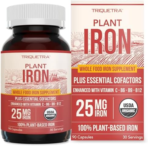 Organic Iron Supplement | Whole Food Iron & Cofactors, 25 mg Elemental Iron | Enhanced Absorption Plus Blood Builder Vitamins - Gentle Form - Support Healthy Iron Level & Blood Health - 90 Capsules Triquetra Health