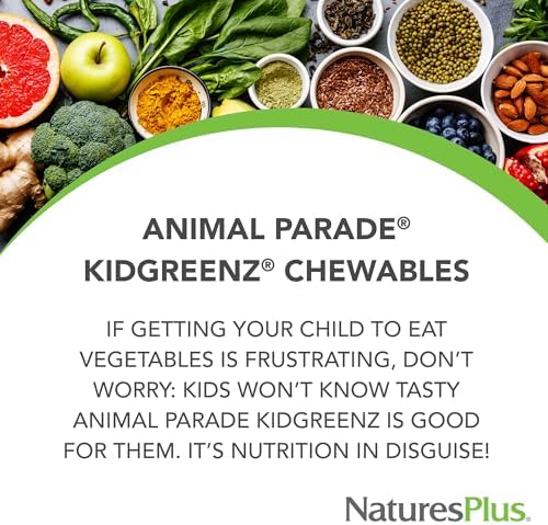 Natures Plus Animal Parade KidGreenz, Tropical Fruit Flavor - 90 Animal-Shaped, Chewable Tablets - Vegetarian, Gluten Free - 90 Servings Natures Plus