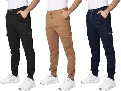 XS Apparel Joggers for Men 3 Pack: Casual Slim Twill Mens Joggers with Pockets, Elastic Drawstring Mens Dress Pants (S-XL) ALL IN SWEATS