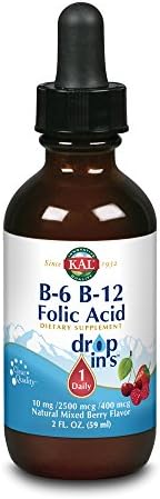 KAL Vitamin B-6 B-12 Folic Acid DropIns, Liquid Vitamin B Supplement Drops, Heart Health, Energy, Red Blood Cell Support with Methyl B12 and Methyl Folate, Natural Mixed Berry Flavor, 59 Servings, 2oz Kal