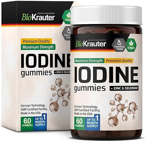 BIO KRAUTER Iodine Gummies - 60 Vegan Chews - 250 mcg Potassium Iodide - Iodine Supplement with Selenium Zink - Apple Flavor, Pectin-Based Chews Bio Krauter