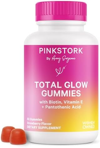 Pink Stork Total Glow Gummies - Hair, Skin, and Nails Vitamins - 11 Vitamins & Nutrients - Biotin, Vitamin A, B6, B12, Folate - Beautiful Hair, Radiant Skin, and Strong Nails - 60 Berry Biotin Gummies Pink Stork