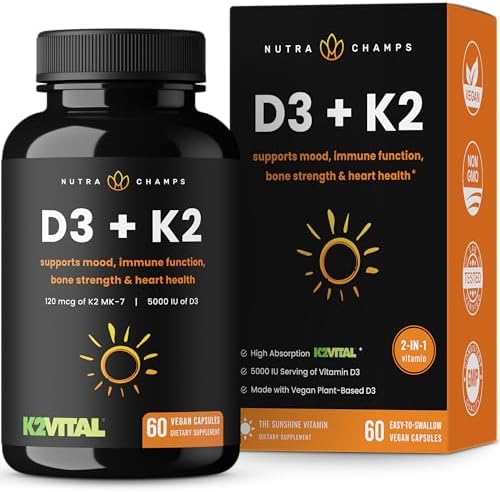 NutraChamps D3 with K2 MK7 Supplement for Heart & Bone Health | Vitamin D & K Complex | 5000 IU of Vitamin D 3 & 100 mcg of Vitamin K 2 MK-7 | 60 Vitamin K2 D3 Capsules NutraChamps