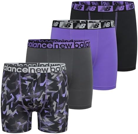 New Balance Boys' 3.5" Underwear, Performance Boxer Briefs (4 Pack), Electric Thunderbolt Camo/Electric Indigo/Magnet/Black, Large New Balance