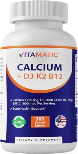 Vitamatic Calcium Supplement 1200mg with D3, K2 & B12, Immune & Bone Health Support - 365 Coated Tablets Vitamatic