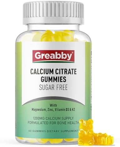 Calcium Citrate Gummies 1200 mg for Kids & Adults, Sugar Free, with Vitamin D3, K2, Magnesium, Zinc, Bone Support for Women & Elders, Natural Pineapple Flavor, 60 Gummies Greabby