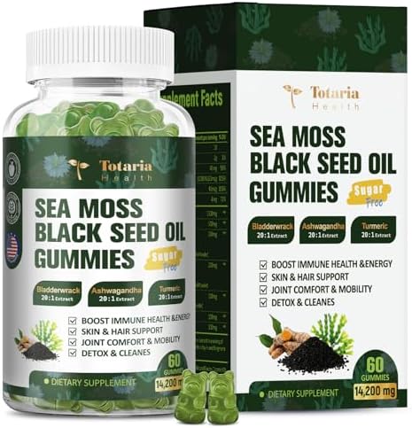 11-in-1 Sugar Free Sea Moss Black Seed Oil Ashwagandha Ginger Gummies Supplement Extract Irish Seamoss Advanced Burdock Root Turmeric Bladderwrack - Support Immune, Gut, Youthful, Digestion Totaria