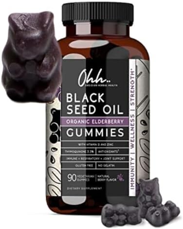 Ohh.. Organic 3 times Ethiopian & Turkish BLACK SEED OIL and Elderberry Vegan Gummies w/ Zinc & Vitamin D, 3.3% Thymoquinone - Hair, Skin & Joint - Cold Pressed Black Cumin Nigella Sativa - 90 count Obsidian Herbal Health