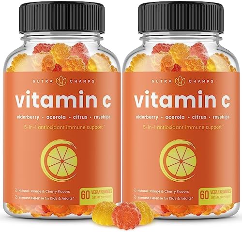 NutraChamps Vitamin C Gummies for Adults & Kids, 5-in-1 Immune System Support with Elderberry, Rosehips, Citrus Bioflavonoids & Acerola Cherry, Immunity Booster Supplement (Pack of 2) NutraChamps