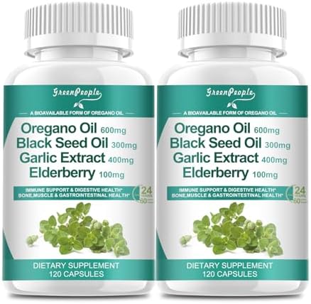 Oregano Oil Capsules with Black Seed Oil Garlic Elderberry, Organic Oil of Oregano Capsules with Vitamin D3 & Magnesium Glycinate - Immune & Digestive Support - 120 Count 2 Month Supply丨Vegan, Non GMO Greenpeople