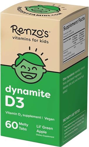 Renzo's Dynamite Vitamin D3 - Dissolving Kids Vitamin D3-60 Sugar-Free Melty Tabs, Lil’ Green Apple Flavored Renzo's