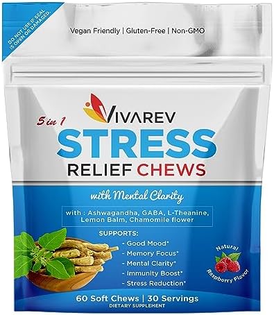 Stress Relief Ashwagandha Gummies - Formulated with Ashwagandha, GABA, L Theanine, Lemon Balm & Chamomile Flower as a Stress Relief and Focus Supplement- Natural Raspberry Flavor, Pack of 60 VIVAREV