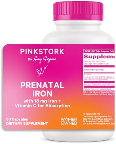 Pink Stork Prenatal Iron Supplement for Women - 18 mg Non-Constipating Iron & Vitamin C for Pregnancy, Postpartum, & Breastfeeding - Focus, Fatigue, & Blood Cell Production - 2 Month Supply Pink Stork