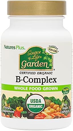 NaturesPlus Source of Life Garden Certified Organic B Complex - 60 Vegan Capsules - Complete Vitamin B Supplement, Energy Booster - Vegetarian, Gluten-Free - 30 Servings Natures Plus