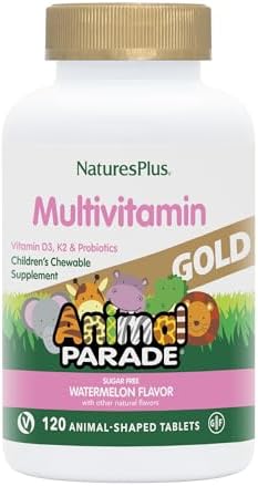 Natures Plus Animal Parade Gold Multivitamin Children’s Chewables - Watermelon Flavor - 120 Animal-Shaped Tablets - Vitamin D3, K2 & Probiotics - Vegan, Gluten Free - 60 Total Servings Natures Plus