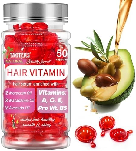 Hair Vitamin Oil Capsules 1 Pack | vitaminas para el Cabello | Hair Serum Oil for Women & Men's Frizzy & Damaged Hair Care | Vitamin A, E, Pro B5 Conditioner - 50 Capsules Taoters