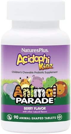 Natures Plus Animal Parade AcidophiKidz, Berry Flavor - 90 Chewable, Animal-Shaped Tablets - with Probiotics, FOS & Grape Seed - 90 Total Servings Natures Plus