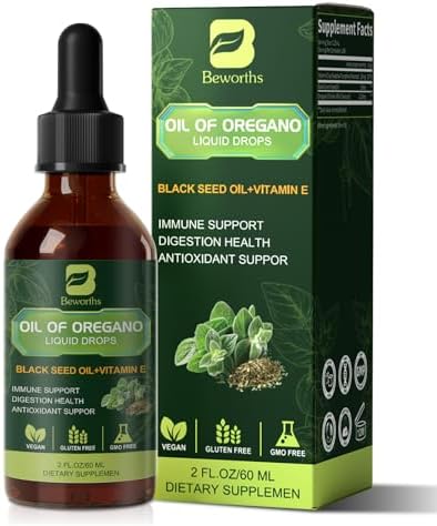 Oregano Oil Drops, Oil of Oregano with Black Seed Oil, Vitamin E, Wild Harvest Oil of Oregano Liquid Herbal Blend for Immune, Antioxidant-Support, Digestive Gut Cleanser Detox Health | Vegan, Non-GMO B Beworths