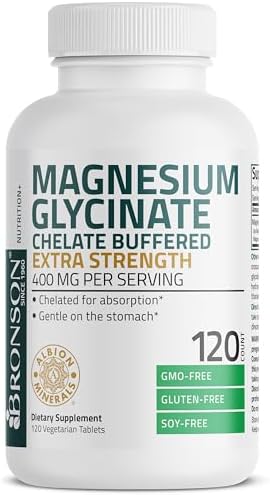 Bronson Magnesium Glycinate 400mg Extra Strength, Vegetarian, Chelated for Absorption Gentle on The Stomach, Non-GMO, 60 Tablets Bronson