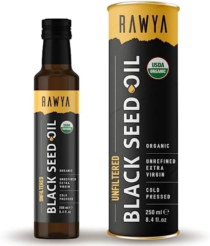 RAWYA Black Seed Oil - Organic Cold Pressed Nigella Sativa - Turkish Origin - USDA Organic - Natural Supplement - Black Cumin Seed Oil - Rich Flavor & High Concentration - 250ml Glass Bottle Rawya