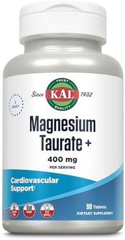 KAL Magnesium Taurate 400mg Plus CoEnzyme Vitamin B6, Chelated Magnesium Supplement, Healthy Muscle Function, Nerve and Heart Health Support, Gluten Free, Vegan, 60-Day Guarantee, 45 Serv, 90 Tablets Kal