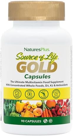 Natures Plus Source of Life Gold Multivitamin - 90 Vegetarian Capsules - with Vitamins D3, B12, K2 & More Than 120 Whole Foods - Blood, Bone & Immune Support - Gluten Free - 30 Servings Natures Plus