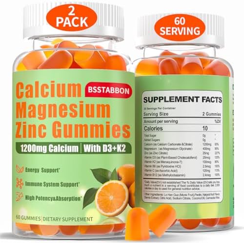 Calcium Magnesium Zinc Gummies for Adult: 1200mg Calcium Citrate 400mg Magnesium Glycinate with D3 B12 - Sugar Free High Absorption Supplement for Women Men (60 Count(Pack of 1)) BSSTABBON