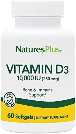 NaturesPlus Vitamin D3 (Cholecalciferol) - 10,000 iu, 60 Softgels - Maximum Potency for Healthy Bones & Teeth - Heart Health & Immune System Support - Total Body Health - Gluten-Free - 60 Servings Natures Plus