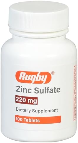 Таблетки сульфата цинка 220 мг - 50 мг цинка в каждой - пищевая добавка - 100 штук Rugby Laboratories