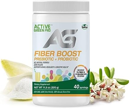 Fibre Boost Prebiotic + Probiotic - Organic - Enzyme & Vitamin Production - Supports Bowel Regularity - Digestive Health - Unflavoured - Gluten Free - Sugar Free - 320g/40 Servings Active Green Pro