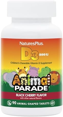 Natures Plus Animal Parade Vitamin D3 Children’s Chewables - Black Cherry Flavor - 90 Animal-Shaped Tablets, Pack of 2 - Gluten Free, Vegetarian, Hypoallergenic - 180 Total Servings Natures Plus